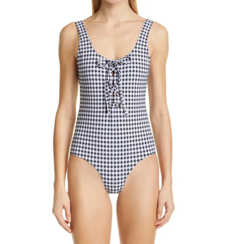 Ganni Gingham Lace-Up One-Piece Swimsuit_BLACK
