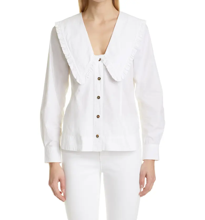 Ganni Ruffle Collar Organic Cotton Poplin Shirt_BRIGHT WHITE