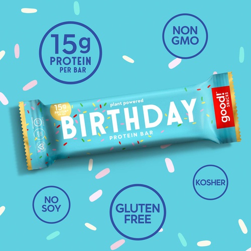  good! Snacks Vegan Birthday Cake Protein Bar | Gluten-Free, Plant Based, Low Sugar, Kosher, Soy Free, Non GMO | 15g Protein (12 Bars)