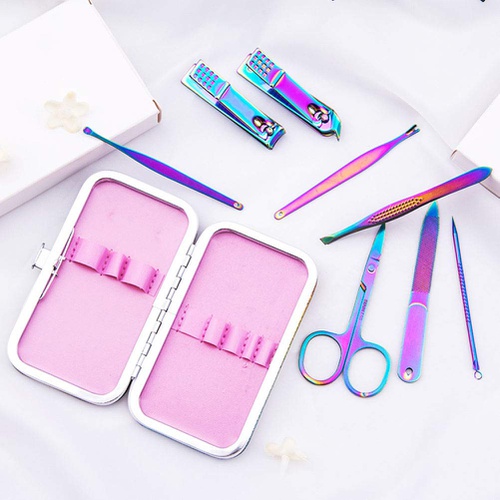  Grospe Portable Manicure Set,8 In 1 Stainless Steel Professional Pedicure Kit Nail Scissors Grooming Kit with Luxurious Case,Rainbow Color Nail Clippers Kit Pedicure Care Tools Nail Clipp