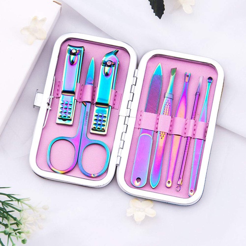  Grospe Portable Manicure Set,8 In 1 Stainless Steel Professional Pedicure Kit Nail Scissors Grooming Kit with Luxurious Case,Rainbow Color Nail Clippers Kit Pedicure Care Tools Nail Clipp