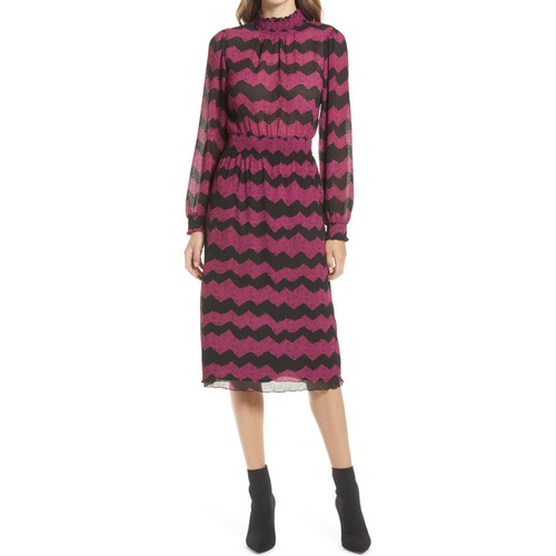  Halogen Chevron Stripe Long Sleeve Plisse Dress_PURPLE- BLACK ZIG ZAG