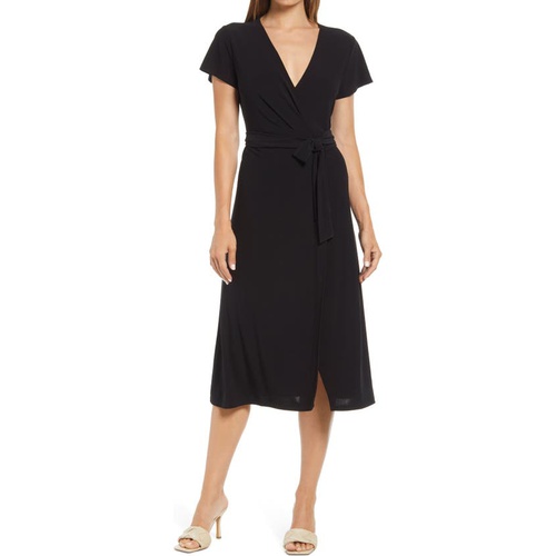  Halogen Crossover Short Sleeve Wrap Dress_BLACK