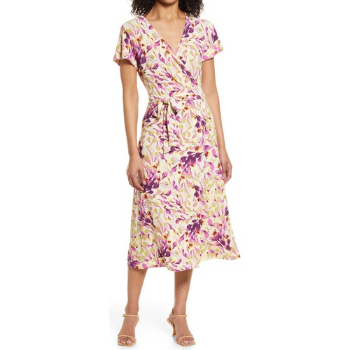  Halogen Crossover Short Sleeve Wrap Dress_PURPLE PETAL BREEZE PRT