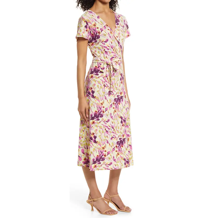  Halogen Crossover Short Sleeve Wrap Dress_PURPLE PETAL BREEZE PRT