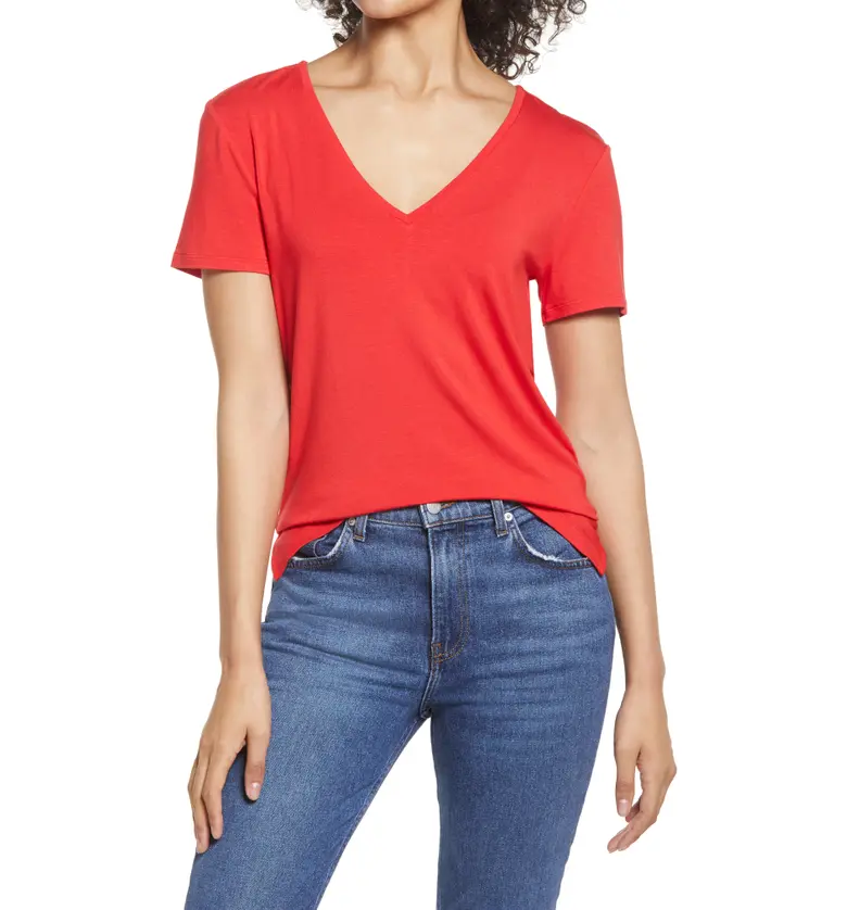 Halogen V-Neck Tunic T-Shirt_RED CHINOISE