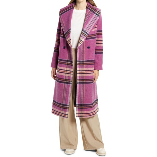  Halogen Plaid Shawl Collar Double Breasted Coat_FUSCHIA PLAID