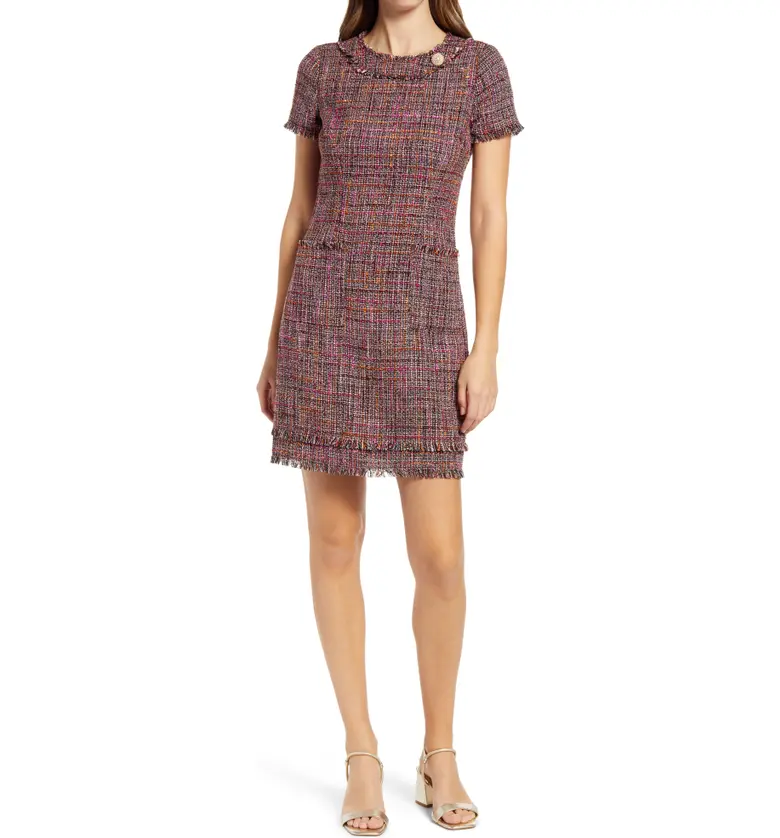 Harper Rose Fringe Trim Tweed A-Line Dress_WINE MULTI