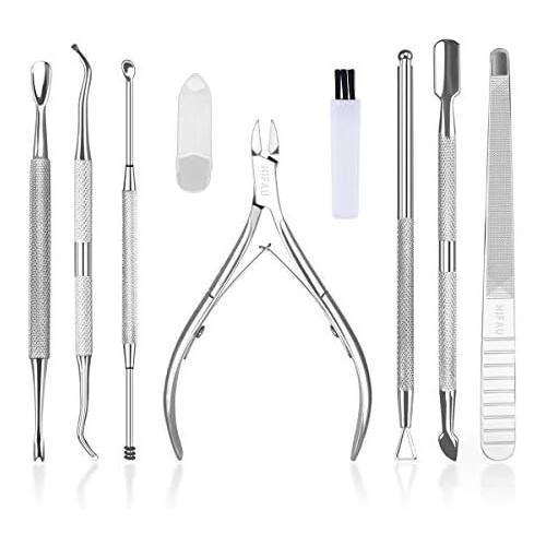  HIFAU 8PCS Premium Cuticle Nippers Pusher Manicure Tools Set, Professional Ingrown Toenail File, Cuticle Remover Trimmer Cutters Tool Gel Nail Art Kit, Stainless Steel, Travel, Gif