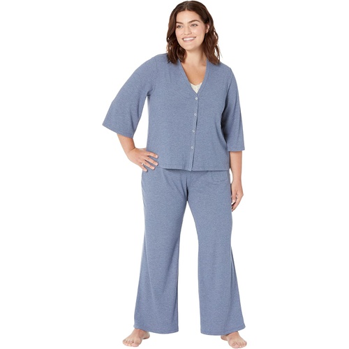  HUE Plus Size Bell Sleeve Ribbed Button-Up Pajama Lounge Cardigan