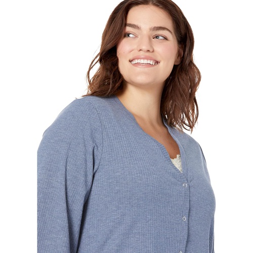  HUE Plus Size Bell Sleeve Ribbed Button-Up Pajama Lounge Cardigan