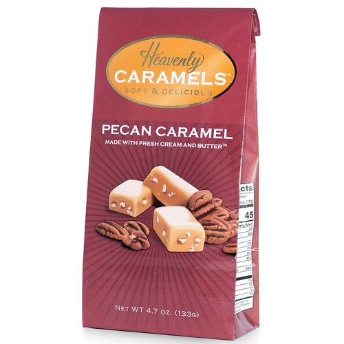  J Morgan Confections Heavenly Caramel | Pecan Flavor | 4.7 oz Bag, 4-Pack | Gourmet Soft and Chewy Butter Caramel Candies | Hand-Crafted Golden Treats
