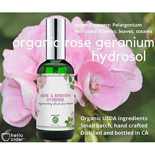 Rose Geranium FACE Toner - Organic Hydrosol, Alcohol & Oil Free. Floral Water to Tone, Restore, Sooth, Balance pH for Dry, Normal, Sensitive Skin. USA Made by Hello Cider