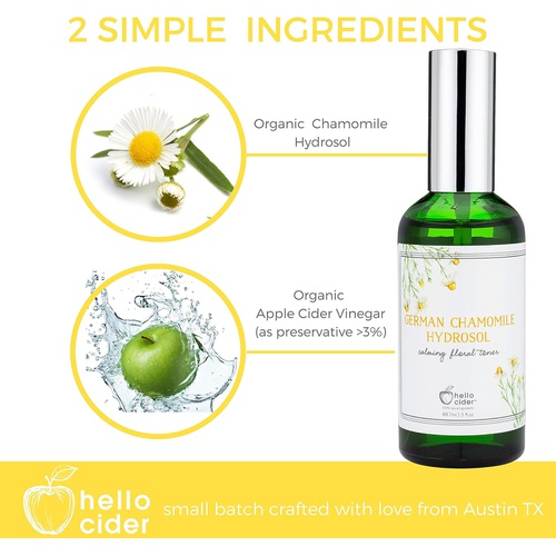  Chamomile HYDROSOL FACE Toner - Organic Floral Water to Hydrate, Calm & Sooth Sensitive Skin, Prevent Acnes, Restore pH . All Skin Types & Children. USA Made - Hello Cider