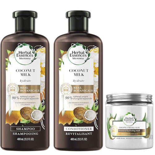  Herbal Essences Shampoo, Conditioner & Hair Mask Kit, Hydrating Coconut Milk, Natural Source Ingredients, Color Safe, 13.5 Oz each, 8 Oz
