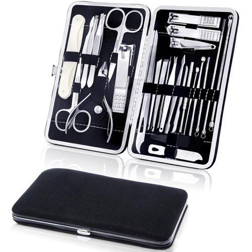  Honoson 26 Pieces Nail Clipper Pedicure Kit Black Manicure Grooming Tool Kits Set with Portable Leather Storage Box, High Precision Stainless Steel Toenail Fingernail Clippers for Facial H