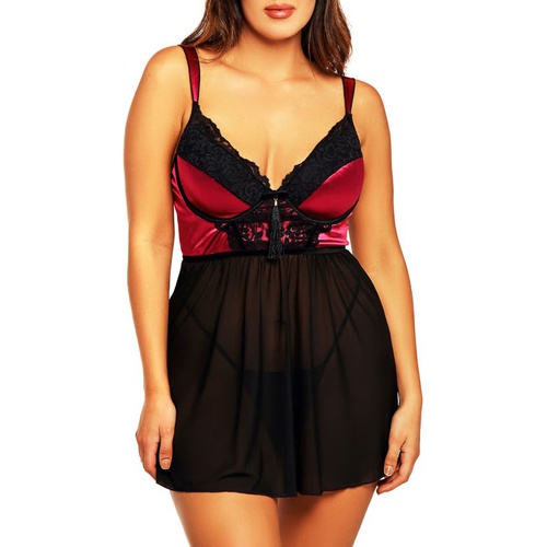  iCollection Microfiber & Lace Chemise & G-String Thong Set_WINE