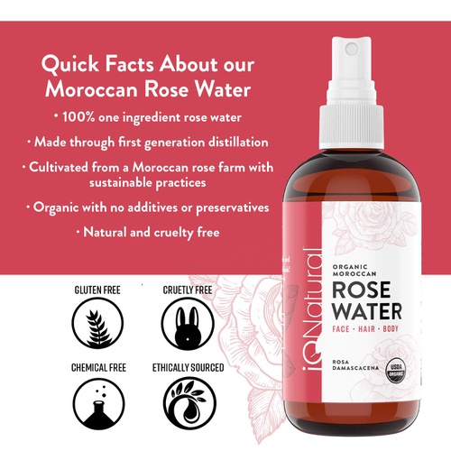  IQ Natural Rose Water Spray for Face and Hair, Certified Organic Rose Water Toner and Setting Spray, Alcohol Free - Rosewater Spray toner Hydrating Primer & Setting Spray for Pore Minimizing