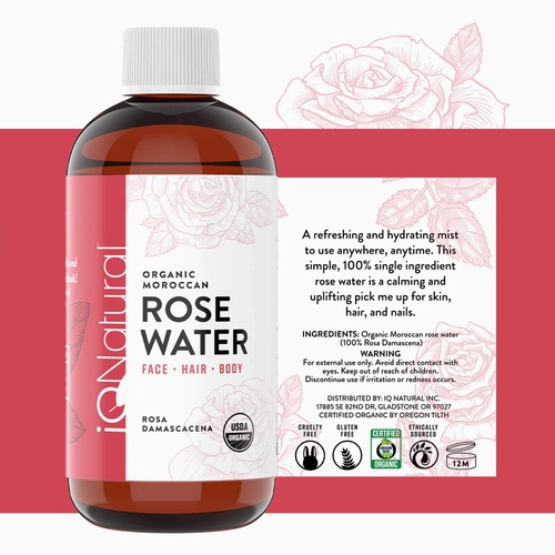  IQ Natural Rose Water Spray for Face and Hair, Certified Organic Rose Water Toner and Setting Spray, Alcohol Free - Rosewater Spray toner Hydrating Primer & Setting Spray for Pore Minimizing