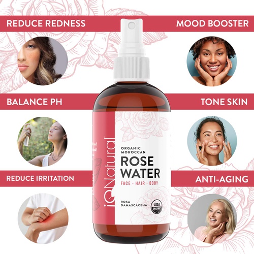  IQ Natural Rose Water Spray for Face and Hair, Certified Organic Rose Water Toner and Setting Spray, Alcohol Free - Rosewater Spray toner Hydrating Primer & Setting Spray for Pore Minimizing