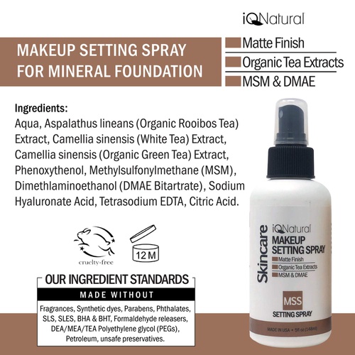  Mineral Makeup Setting Spray, Hydrating Mist with Green Tea Extract, Refreshing Antioxidants for Anti-Aging, Large 5oz size, by IQ Natural