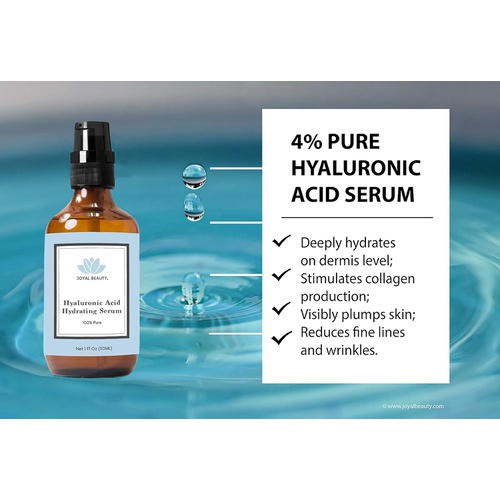  Hyaluronic Acid Serum for Face Skin Eyes Lips by Joyal Beauty. 100% Pure Best Anti-aging Hydrating Original Hyaluronan for Topical Use. Highest 4% Solution. Best Anti Wrinkle Smoot