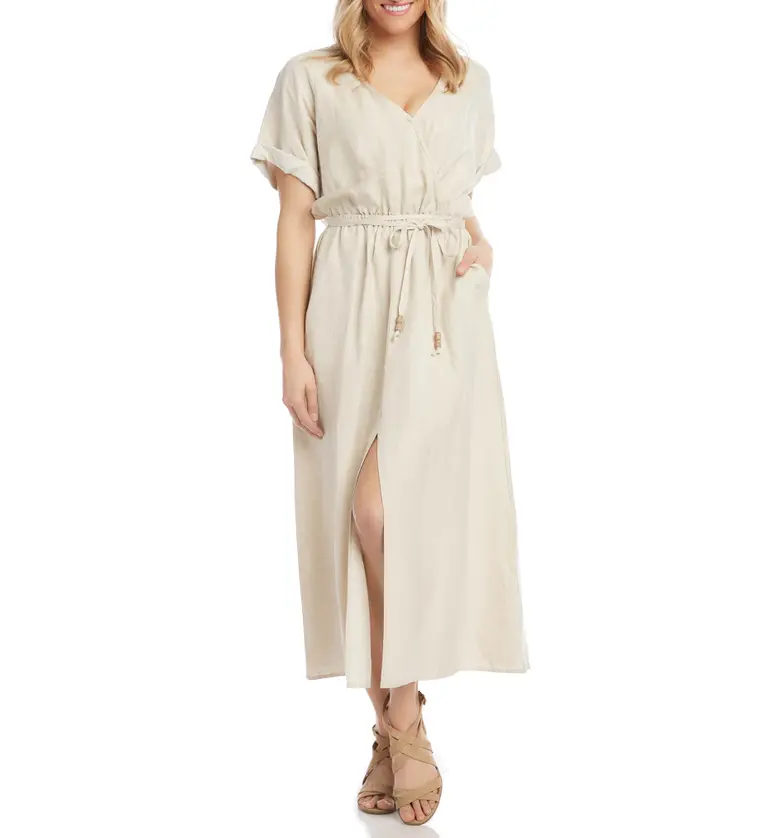 Karen Kane Cuff Sleeve Linen Blend Faux Wrap Dress_NATURAL