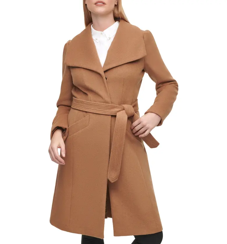 Karl Lagerfeld Paris Wool Belted Wrap Coat_CAMEL