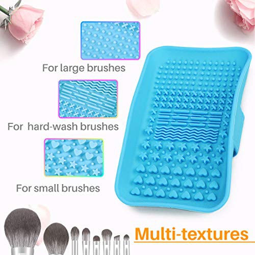  Kalevel Silicone Makeup Brush Cleaning Pad Mat Cosmetic Cleaner Brush Washing Tools Mat with 5pcs Bonus Brush Net Cover (Blue)