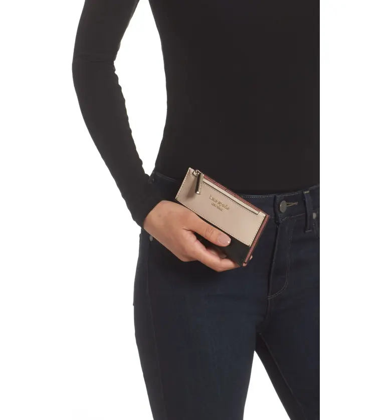 케이트스페이드 kate spade new york small spencer slim leather bifold wallet_WARM BEIGE/ BLACK