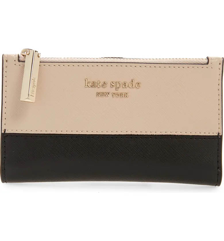 케이트스페이드 kate spade new york small spencer slim leather bifold wallet_WARM BEIGE/ BLACK