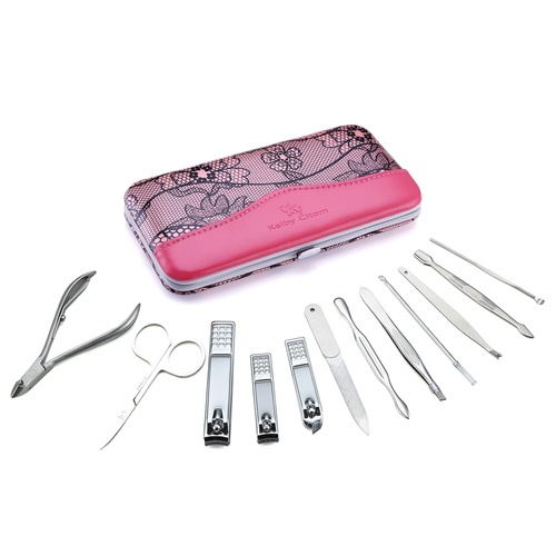  Keiby Citom Professional Stainless Steel Nail Clipper Set Nail Tools Manicure & Pedicure Set of 12pcs - Travel & Grooming Kit with Luxurious Case (Pink)