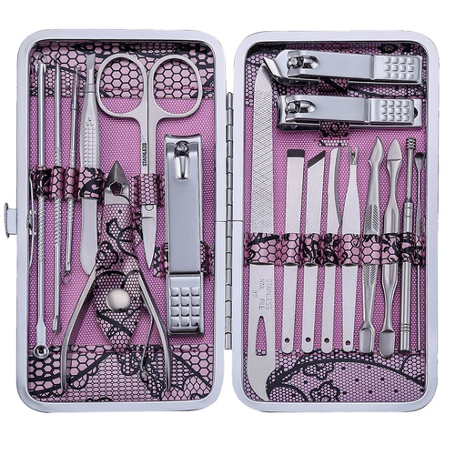  Keiby Citom Manicure Set Nail Clippers 18 Piece Stainless Steel Nail Kit, Professional Grooming Kit, Pedicure Tools with Travel Case (Pink)