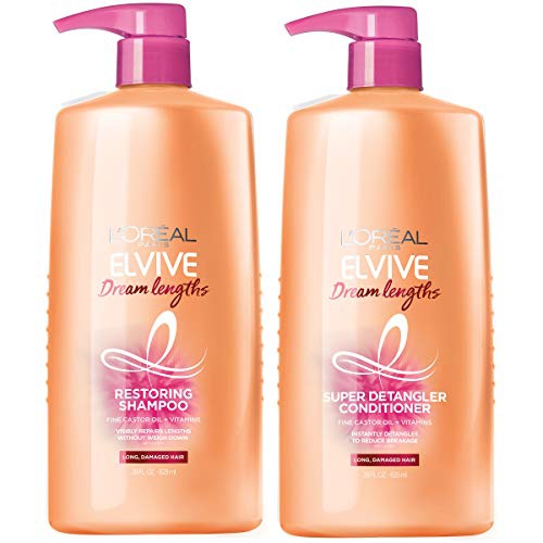  LOreal Paris Dream Lengths Shampoo and Conditioner Kit, With Fine Castor Oil & Vitamins B3 & B5 for Long, Damaged Hair, Visibly Repairs Damage Without Weighdown, Paraben-free, Drea
