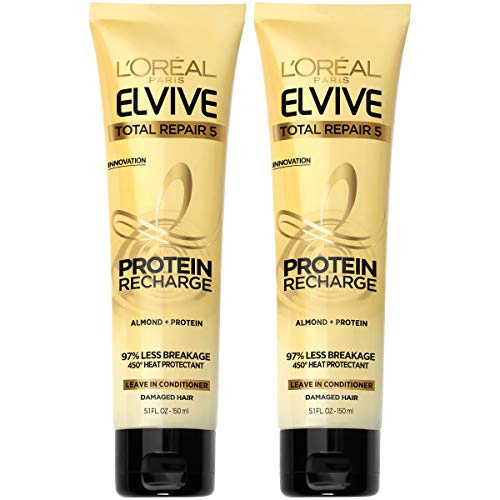  LOreal Paris Hair Care Elvive Total Repair 5 Protein Recharge Leave In Conditioner Hair Treatment, Heat Protectant for Damaged Hair, 5.1 fl. oz, (Pack of 2)