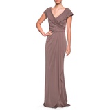 La Femme Ruched Jersey Column Gown_COCOA