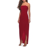 La Femme Strapless Ruched Soft Jersey Gown_RED