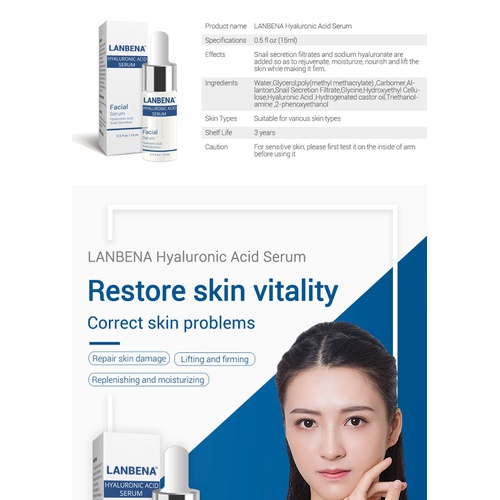  LANBENA Lady Face Serum Hyaluronic Acid Snail Anti Aging Moisturizing Essence for Repair Skin Damage Lifting and Firming and Replenishing Moisturizing - 15ml