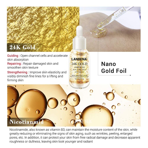  LANBENA 24K Gold Collagen Ampoule Lifting Serum for Improving Skin +Moisturizing + Firming Flexible + Anti Aging Anti Wrinkle (0.53 fl oz)