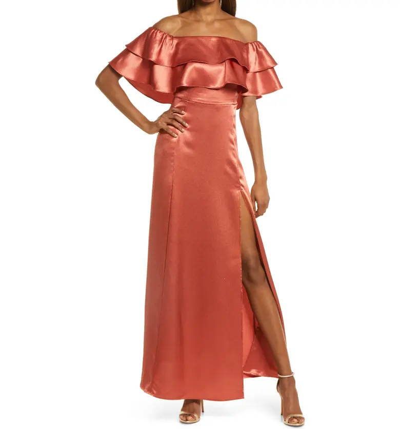 Lulus Pure Happiness Ruffle Off the Shoulder Satin Gown_RUST ORANGE