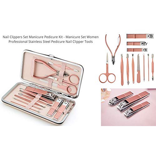  Leiwo Manicure Set,Pedicure Kit Nail Scissors Stainless Steel Professional Toenails Cuticle Cutter Clipper Fingernails Grooming Kit with Pink Leather Travel Case (12pcs Pink)