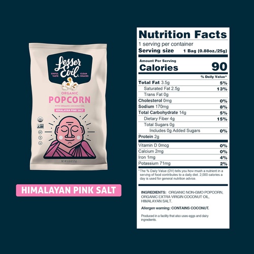  LesserEvil Himalayan Pink Salt Organic Popcorn, 0.88 (25 Count), Himalayan-Pink-Salt, 22 Oz