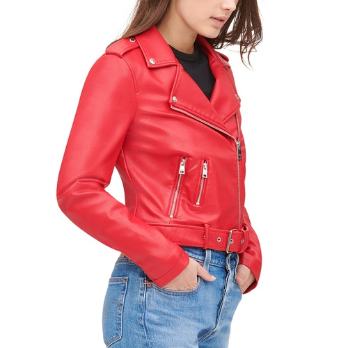 리바이스 Womens Faux-Leather Belted Hem Moto Jacket