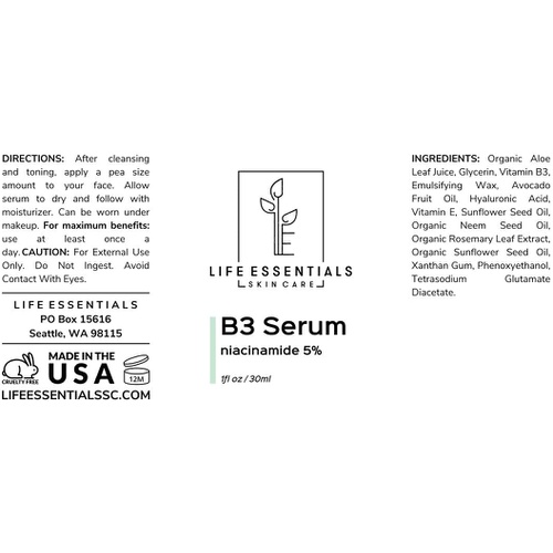  Life Essentials Skin Care Niacinamide 5% Vitamin B3 Serum- 1 Fl. Oz.- Anti-Aging Face Cream That Tightens Pores, Reduces Acne Scars and Wrinkles, Boosts Collagen & Repairs Skin - Niacinamide Serum for Face