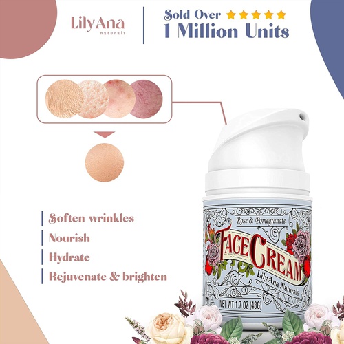  LilyAna Naturals Face Cream Moisturizer for Women - Anti-Aging Wrinkle Cream for Face, Face Moisturizer For Dry Skin, Dark Spot Brightening, Rose and Pomegranate Extracts - 1.7oz