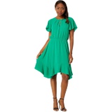 London Times Pleated Keyhole Jewel Neck Elastic Waist Dress