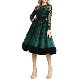 Mac Duggal Long Sleeve Fit & Flare Velvet Embellished Cocktail Dress_EMERALD