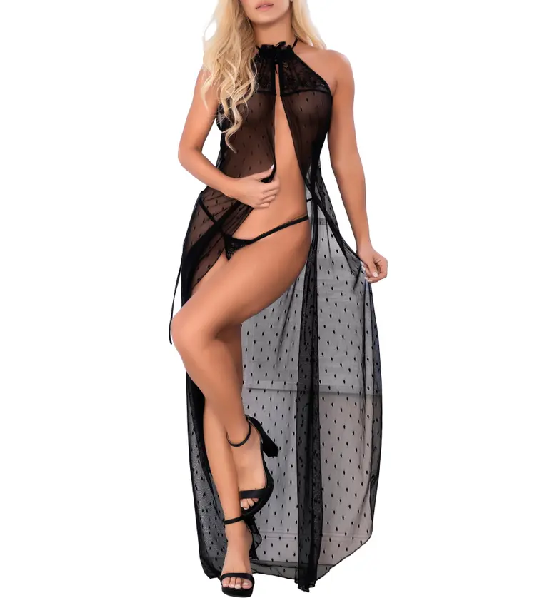 Mapale Mesh & Lace Nightgown & G-String Thong Set_BLACK