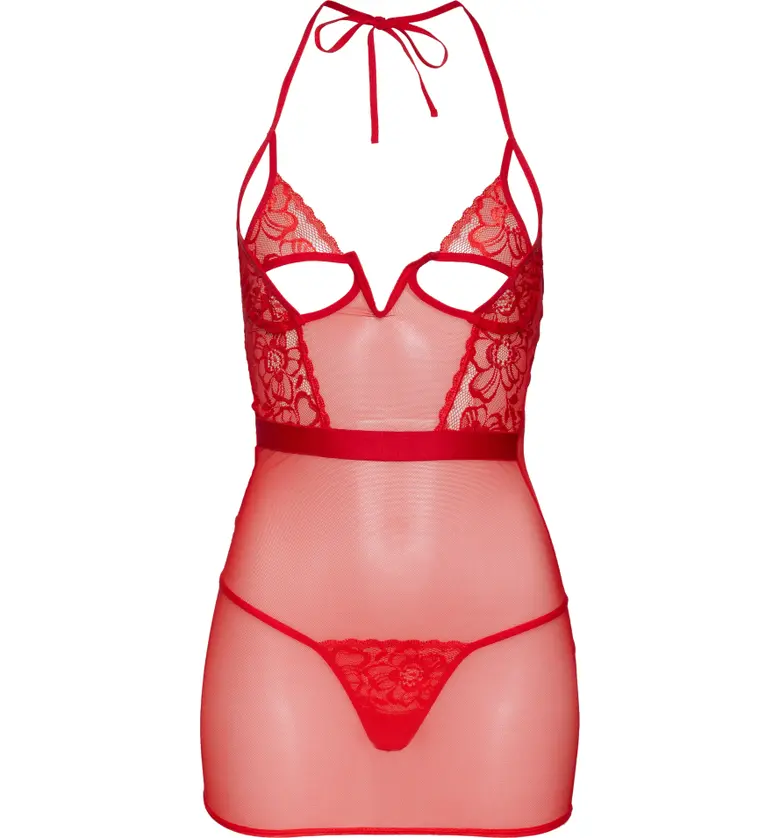  Mapale Lace & Mesh Underwire Chemise & G-String Thong Set_RED