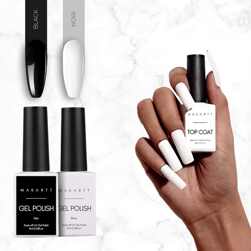  Makartt Black White Nail Gel Polish Kit, 2 Pcs Black White Colors Gel Polish Noir & Blanc Set Soak Off LED Nail Gel Polish Nail Art Manicure Salon DIY at Home